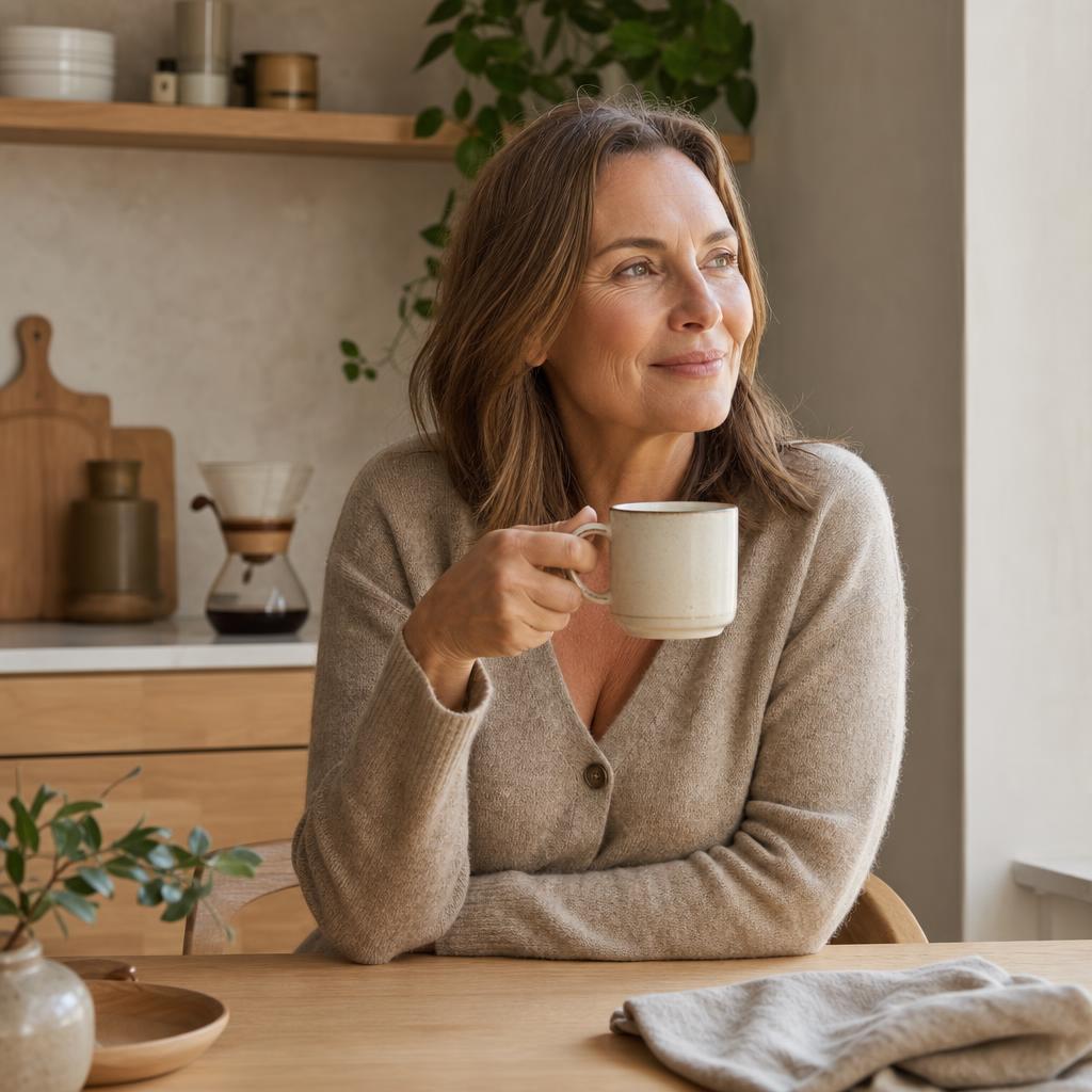 En kvinne nyter en kaffepause ved et lyst trebord i et varmt, nordisk kjøkken.