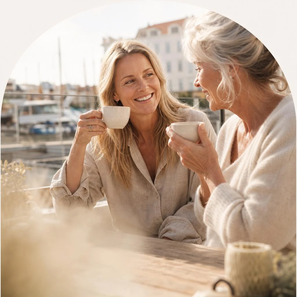 To venninner nyter kaffe og en hyggelig samtale på en solfylt kaféterrasse ved havnen.