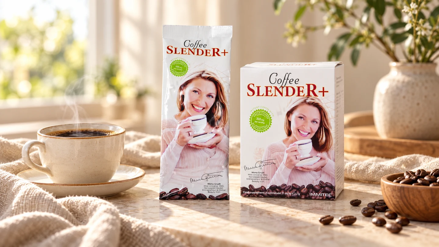 Coffee Slender+ pose og sticks-pakke ved siden av en kopp kaffe i et lyst hjemmemiljø.