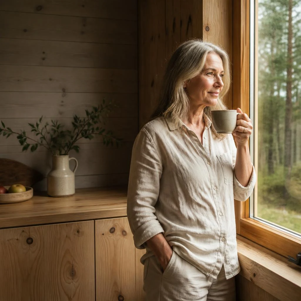 En kvinne i 50-årene nyter en stille kaffepause ved kjøkkenvinduet i et lyst nordisk hjem.