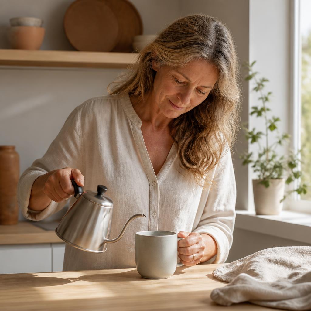 Hender som gjør klar en enkel kopp kaffe på en lys kjøkkenbenk.