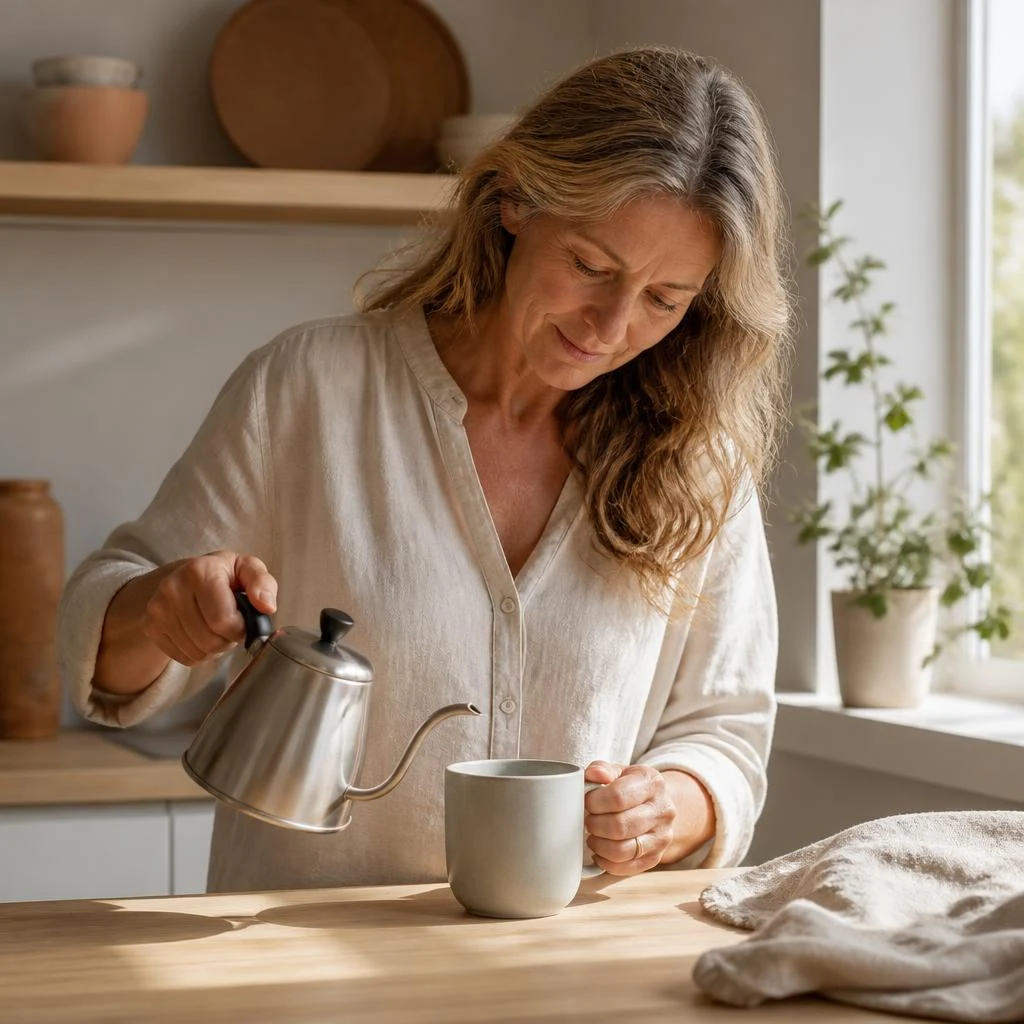 Hender som gjør klar en enkel kopp kaffe på en lys kjøkkenbenk.